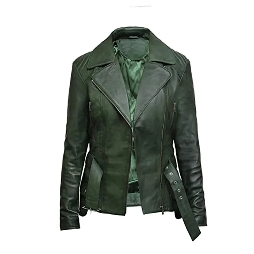 Women's Belted Front Zip Designer Moto Jacket