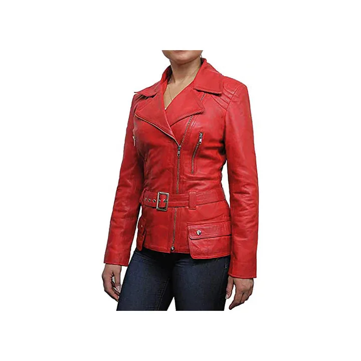 Women's Belted Front Zip Designer Moto Jacket