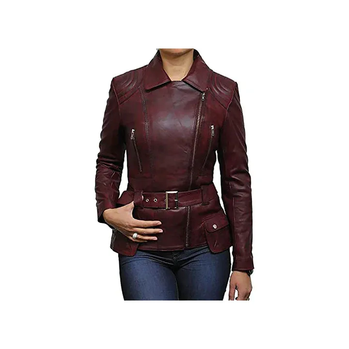 Women's Belted Front Zip Designer Moto Jacket