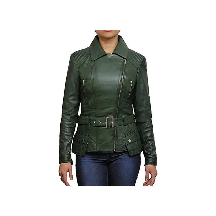 Women's Belted Front Zip Designer Moto Jacket