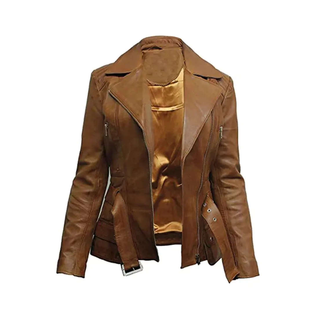 Women's Belted Front Zip Designer Moto Jacket