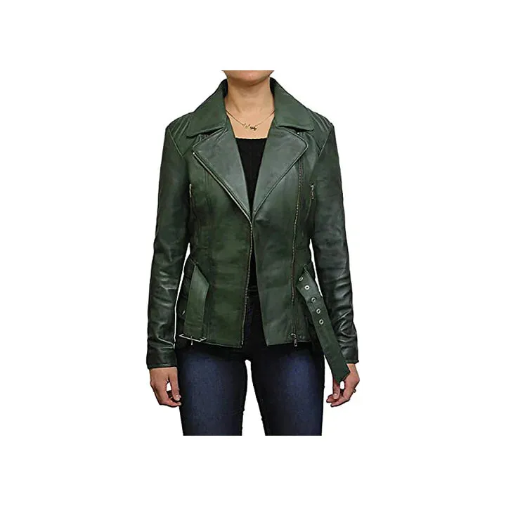 Women's Belted Front Zip Designer Moto Jacket
