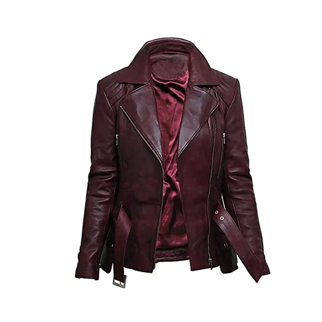 Women's Belted Front Zip Designer Moto Jacket
