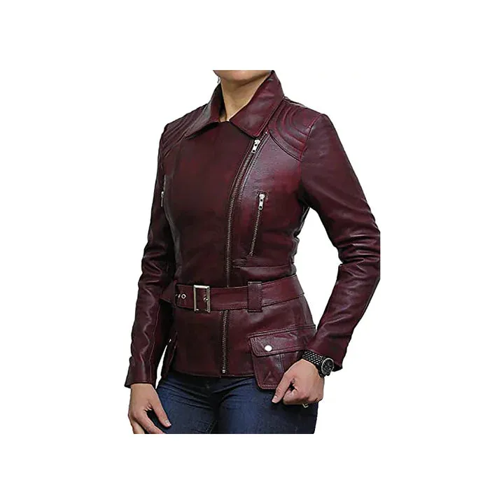 Women's Belted Front Zip Designer Moto Jacket