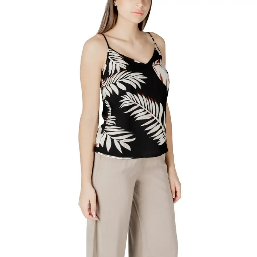 Womens Black Leaf Patterned Camisole and Beige Pants