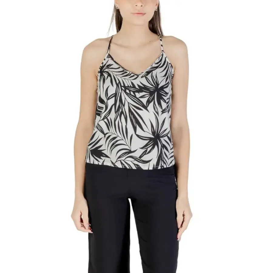 Womens Black Leaf Patterned Camisole and Beige Pants
