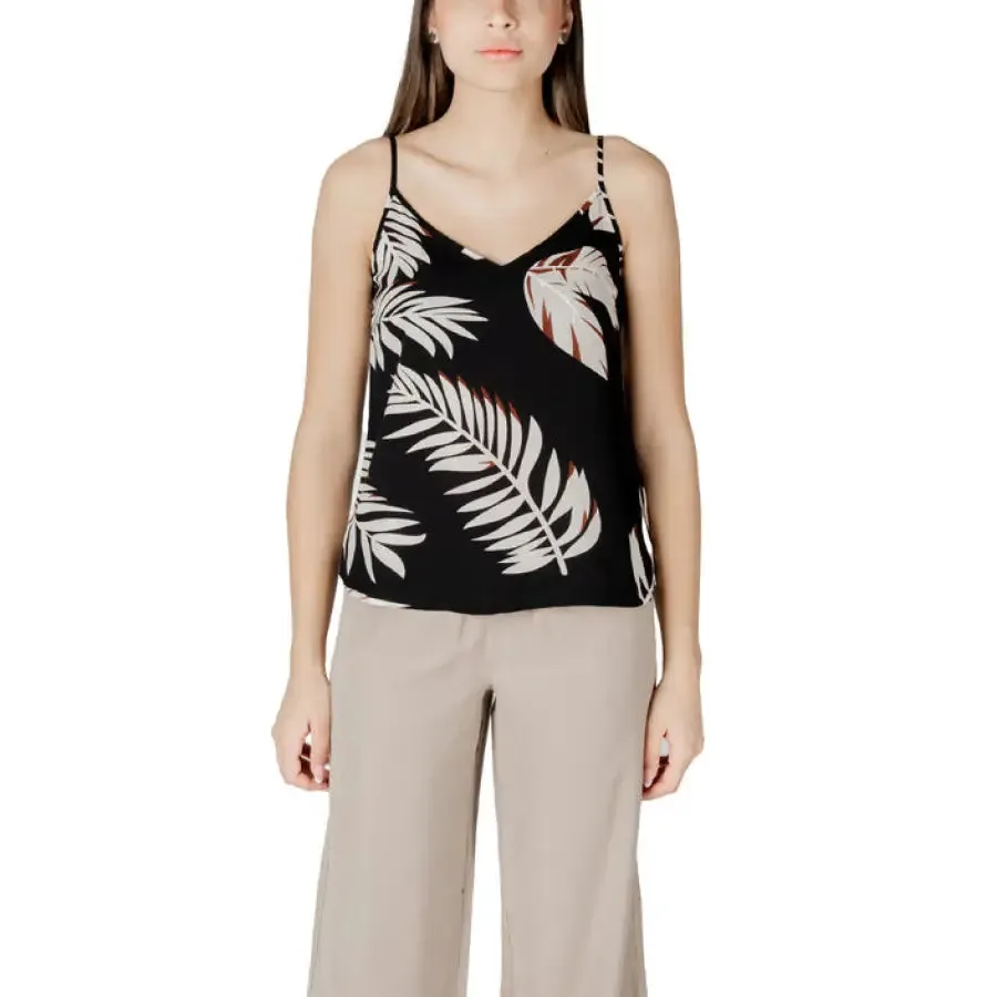 Womens Black Leaf Patterned Camisole and Beige Pants