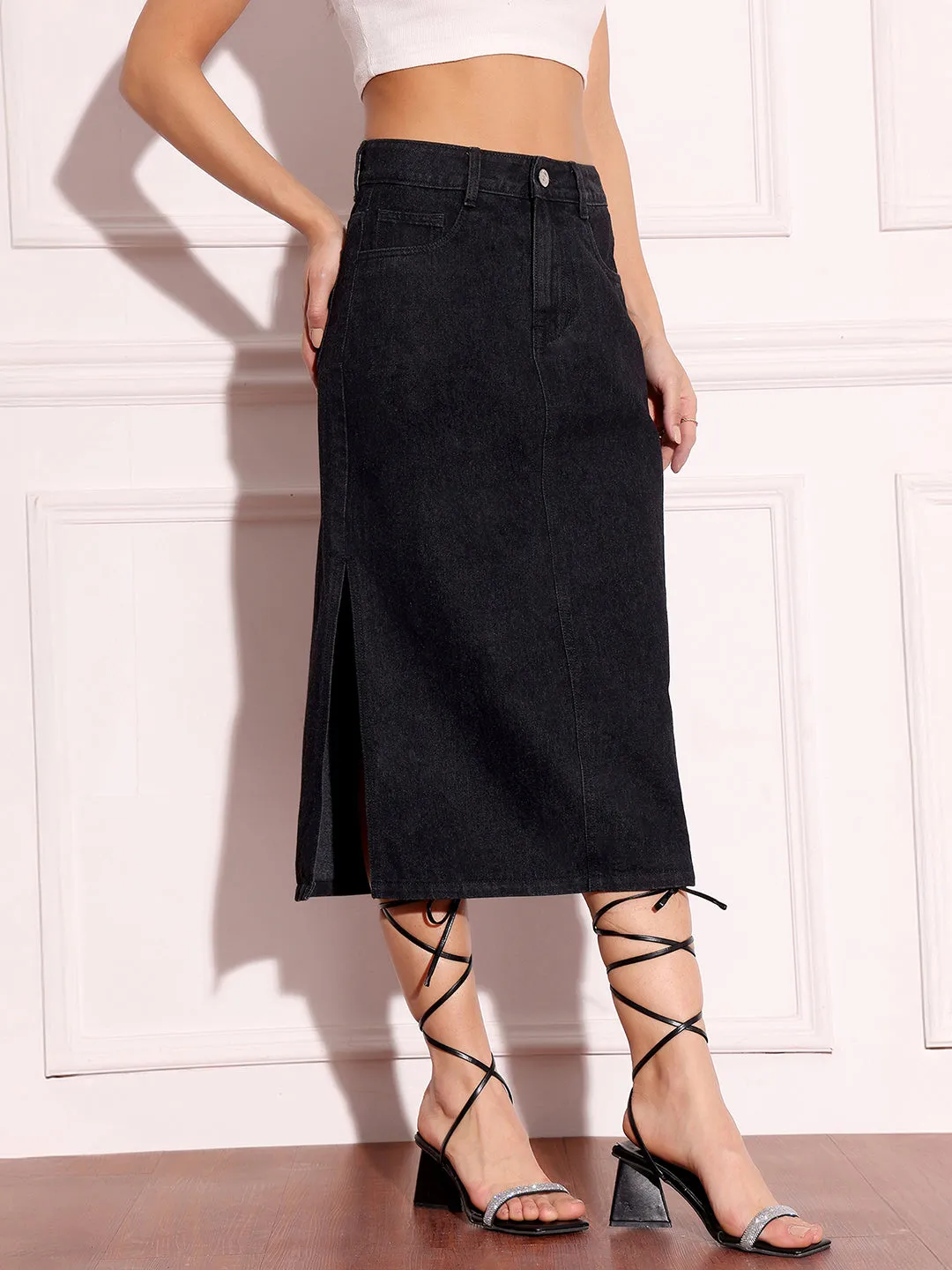 Women's Black Straight High-Rise Stretchable Denim Midi Skirt
