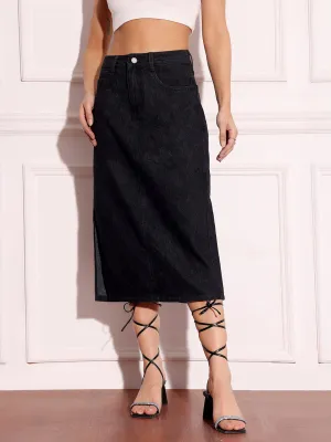 Women's Black Straight High-Rise Stretchable Denim Midi Skirt