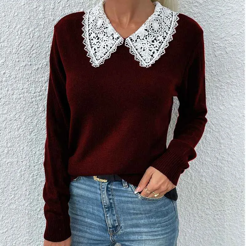 Women's Collared Knit Sweater V Neck Long Sleeve Loose Fit Oversized Pullover Tops K314
