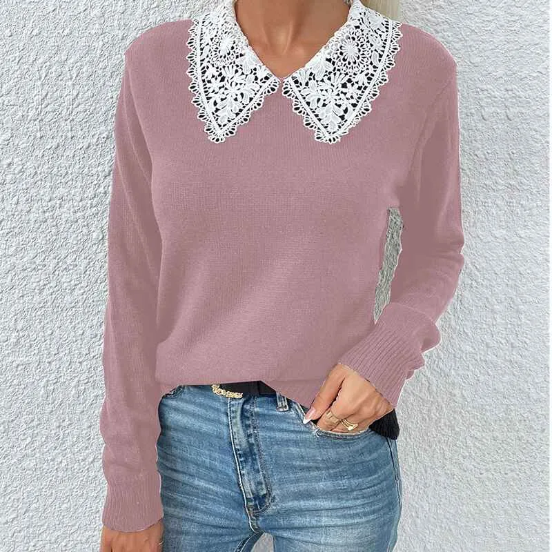 Women's Collared Knit Sweater V Neck Long Sleeve Loose Fit Oversized Pullover Tops K314