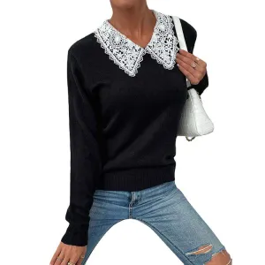 Women's Collared Knit Sweater V Neck Long Sleeve Loose Fit Oversized Pullover Tops K314
