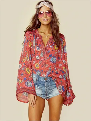 Women's Flare Long Sleeve Button Up Bohemian Blouse