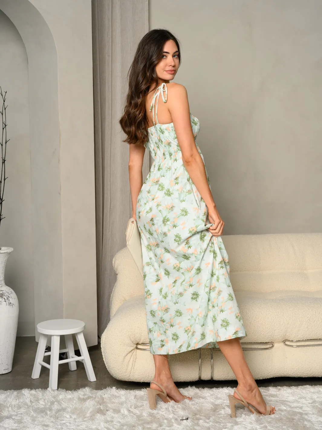 WOMEN'S FLORAL PRINT SPAGHETTI TIE STRAP WITH POCKETS MIDI DRESS