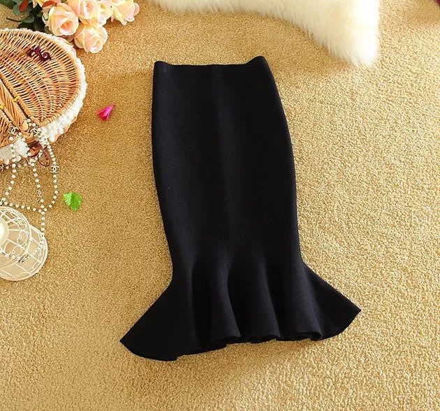 Womens Midi Fish Tail Skirt Fashion Knit Package Hip Midi Skirt Ladies High Waist Flounced Skirts Women Saia