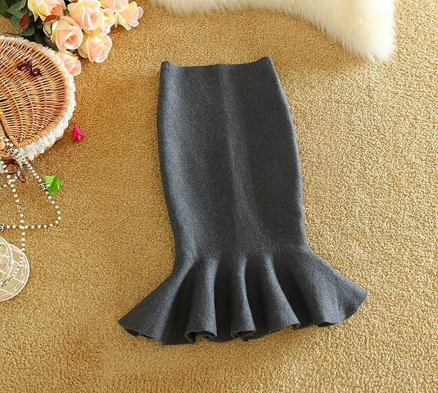 Womens Midi Fish Tail Skirt Fashion Knit Package Hip Midi Skirt Ladies High Waist Flounced Skirts Women Saia