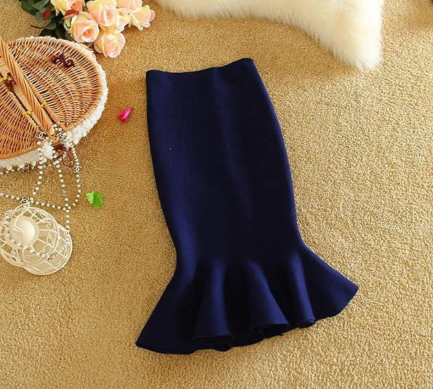 Womens Midi Fish Tail Skirt Fashion Knit Package Hip Midi Skirt Ladies High Waist Flounced Skirts Women Saia