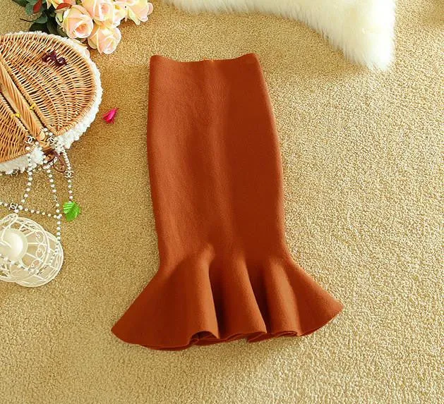 Womens Midi Fish Tail Skirt Fashion Knit Package Hip Midi Skirt Ladies High Waist Flounced Skirts Women Saia
