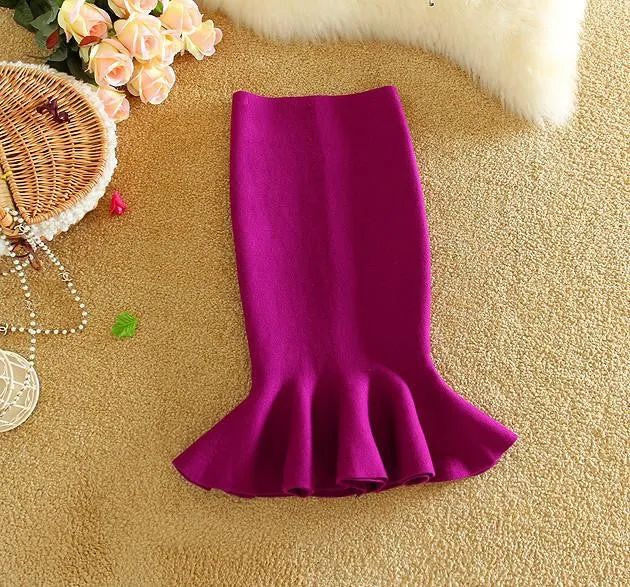 Womens Midi Fish Tail Skirt Fashion Knit Package Hip Midi Skirt Ladies High Waist Flounced Skirts Women Saia