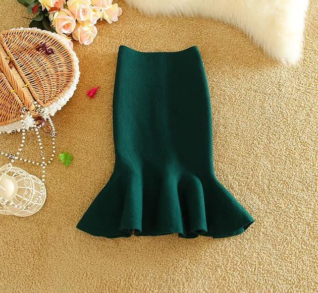 Womens Midi Fish Tail Skirt Fashion Knit Package Hip Midi Skirt Ladies High Waist Flounced Skirts Women Saia
