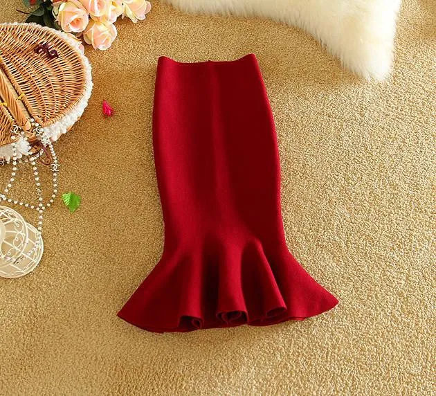 Womens Midi Fish Tail Skirt Fashion Knit Package Hip Midi Skirt Ladies High Waist Flounced Skirts Women Saia