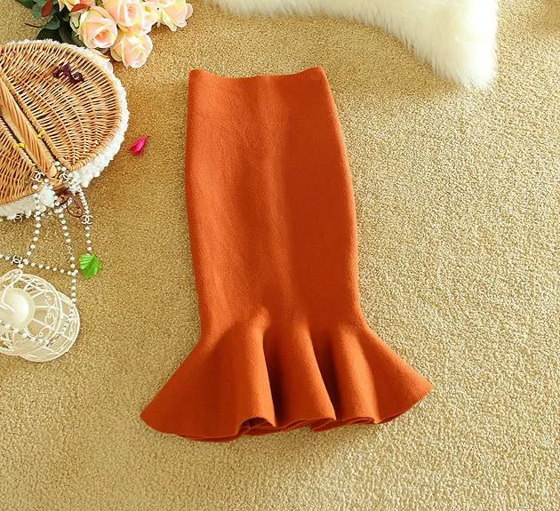 Womens Midi Fish Tail Skirt Fashion Knit Package Hip Midi Skirt Ladies High Waist Flounced Skirts Women Saia