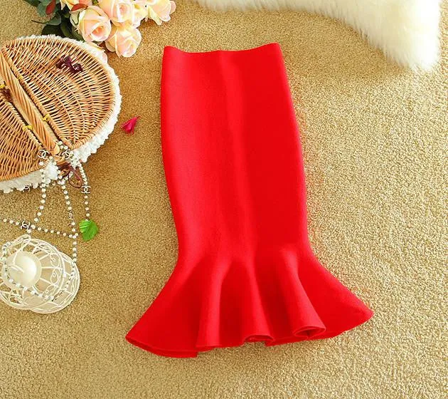 Womens Midi Fish Tail Skirt Fashion Knit Package Hip Midi Skirt Ladies High Waist Flounced Skirts Women Saia