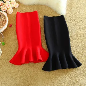 Womens Midi Fish Tail Skirt Fashion Knit Package Hip Midi Skirt Ladies High Waist Flounced Skirts Women Saia