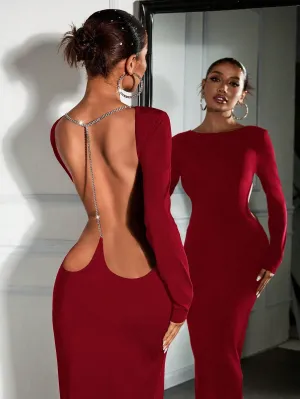 Women's Red Sexy Open Back Rhinestone Chain Detail Maxi Fitted Party Dress