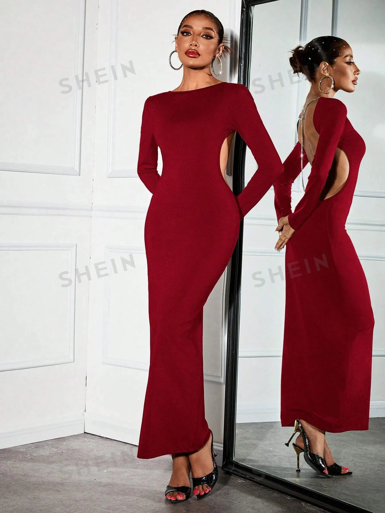 Women's Red Sexy Open Back Rhinestone Chain Detail Maxi Fitted Party Dress