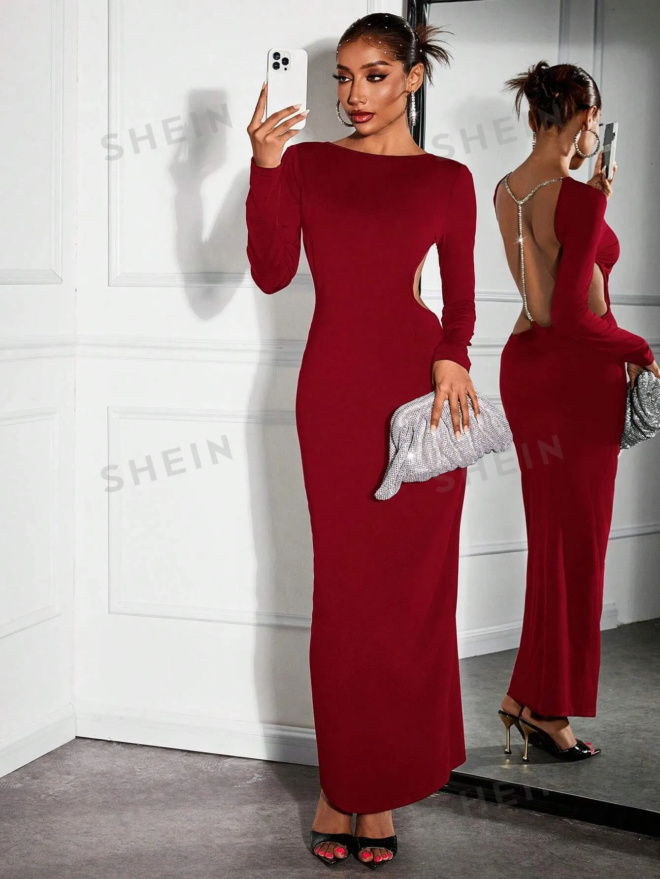 Women's Red Sexy Open Back Rhinestone Chain Detail Maxi Fitted Party Dress