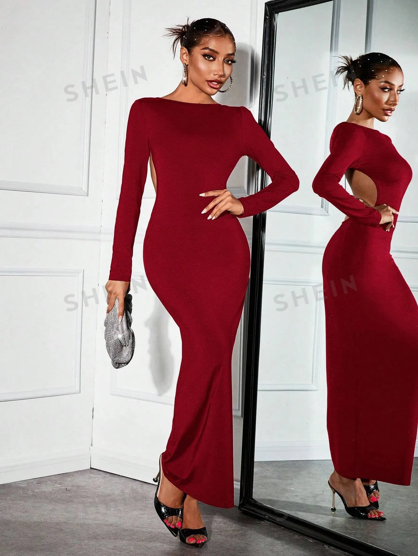 Women's Red Sexy Open Back Rhinestone Chain Detail Maxi Fitted Party Dress