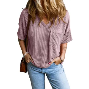 Womens Short Sleeve Ribbed Tops Causal V Neck Oversized T