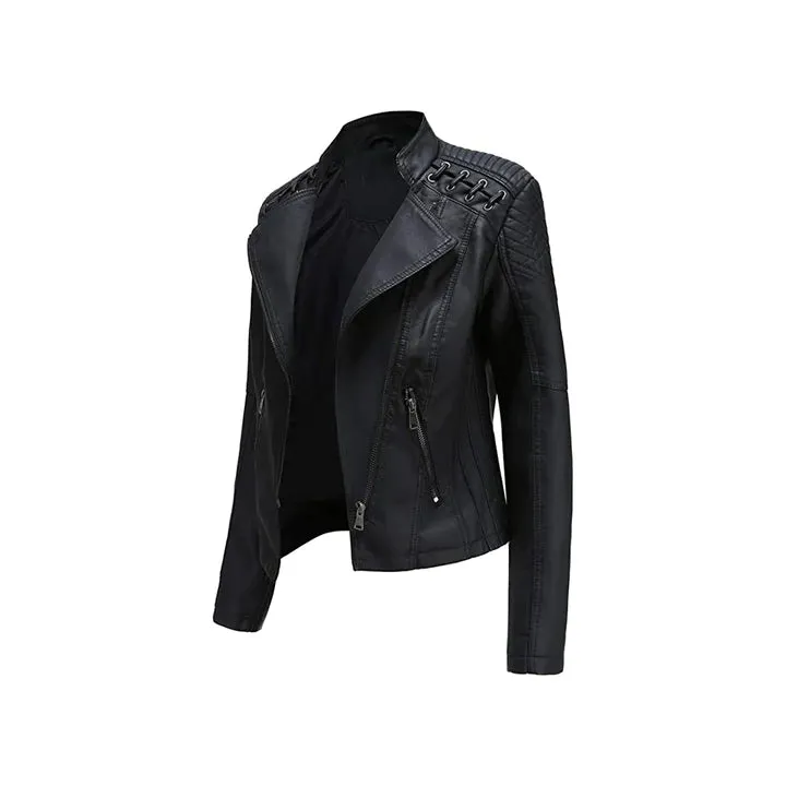 Women's Short Zip Lace Up Shoulder Moto Jacket