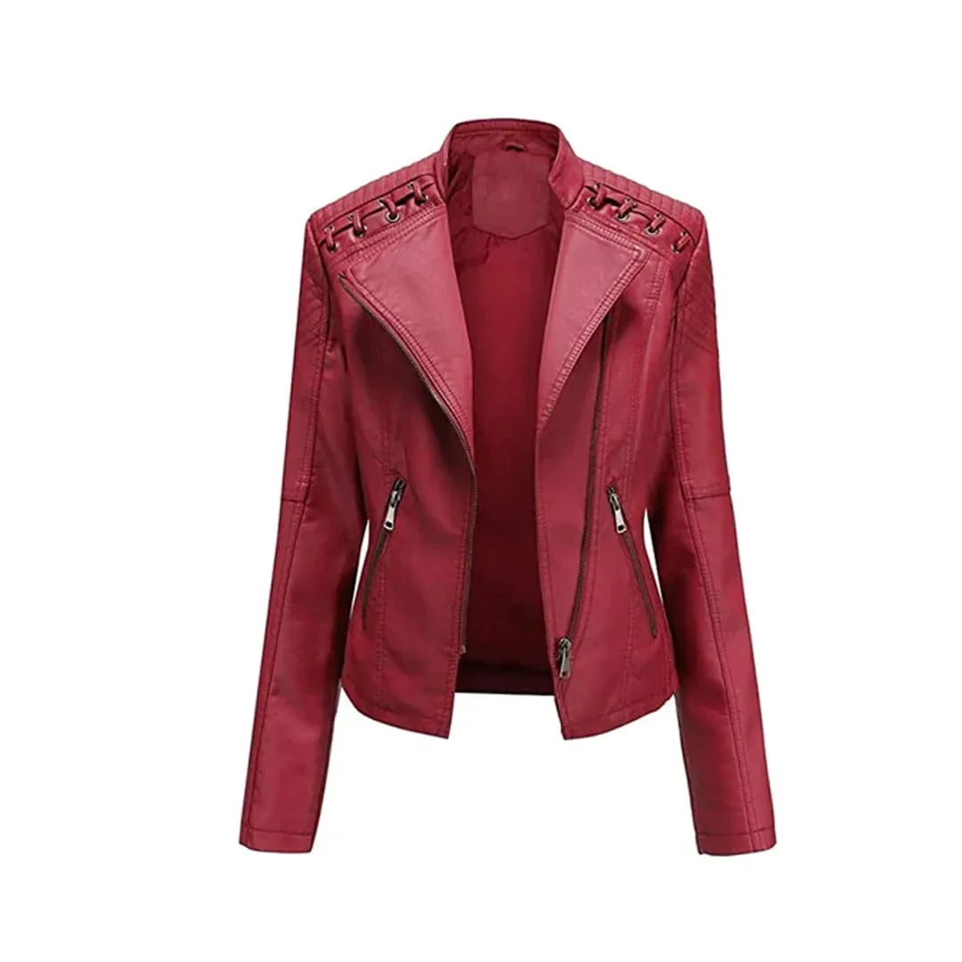 Women's Short Zip Lace Up Shoulder Moto Jacket