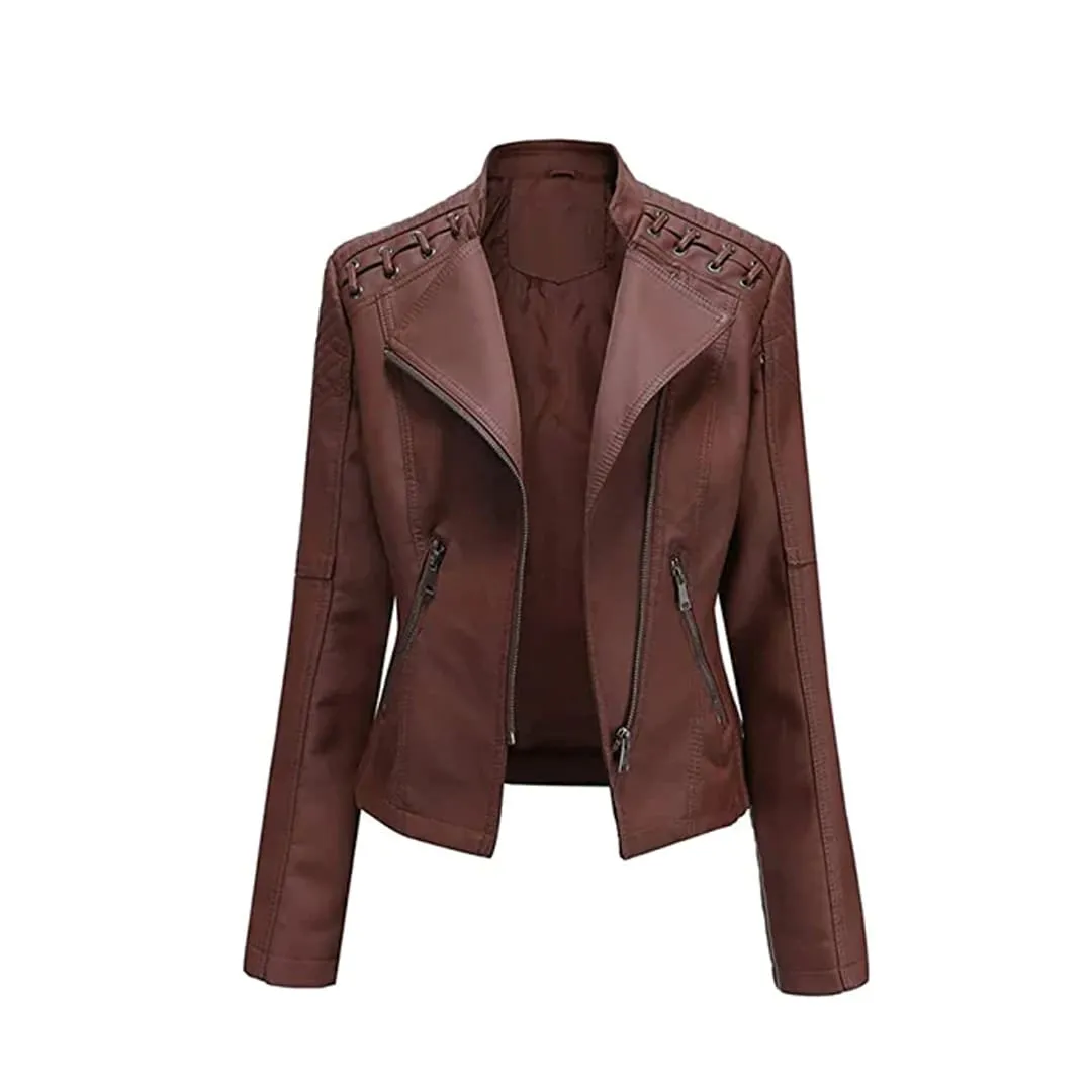 Women's Short Zip Lace Up Shoulder Moto Jacket