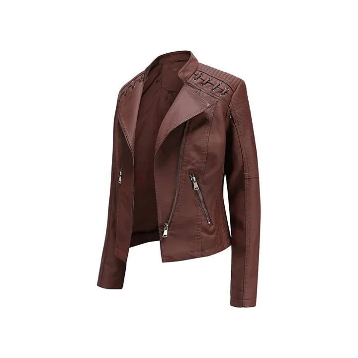 Women's Short Zip Lace Up Shoulder Moto Jacket