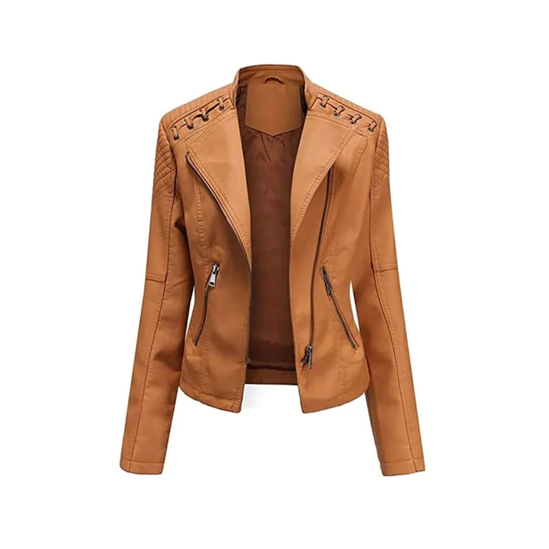 Women's Short Zip Lace Up Shoulder Moto Jacket