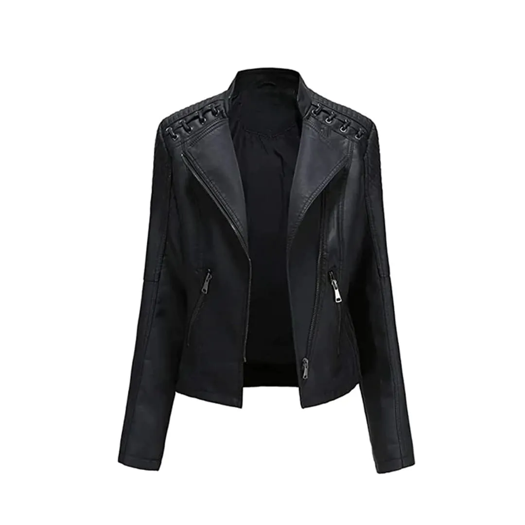 Women's Short Zip Lace Up Shoulder Moto Jacket