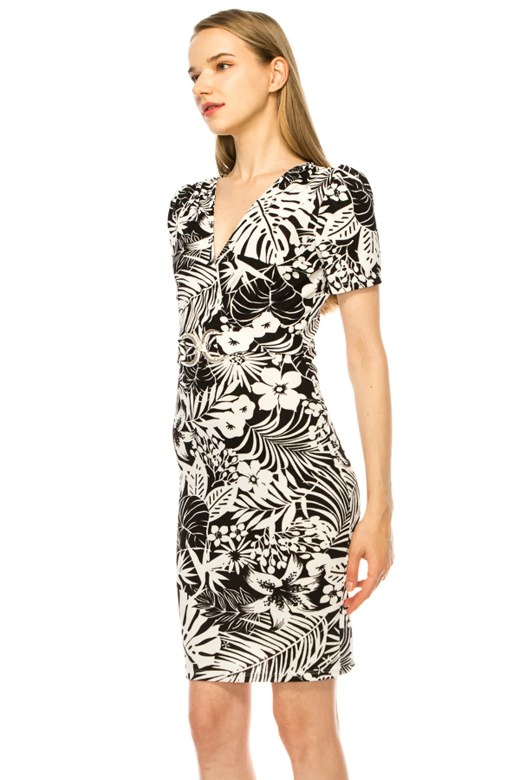 Women's V-neck Sheath Dress with Buckle Accent and Puff Sleeves - Elegant Office to Even