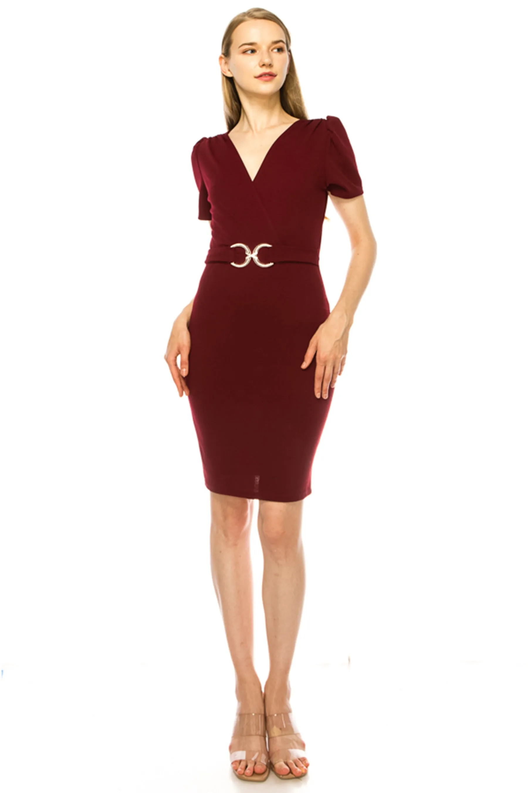 Women's V-neck Sheath Dress with Buckle Accent and Puff Sleeves - Elegant Office to Even