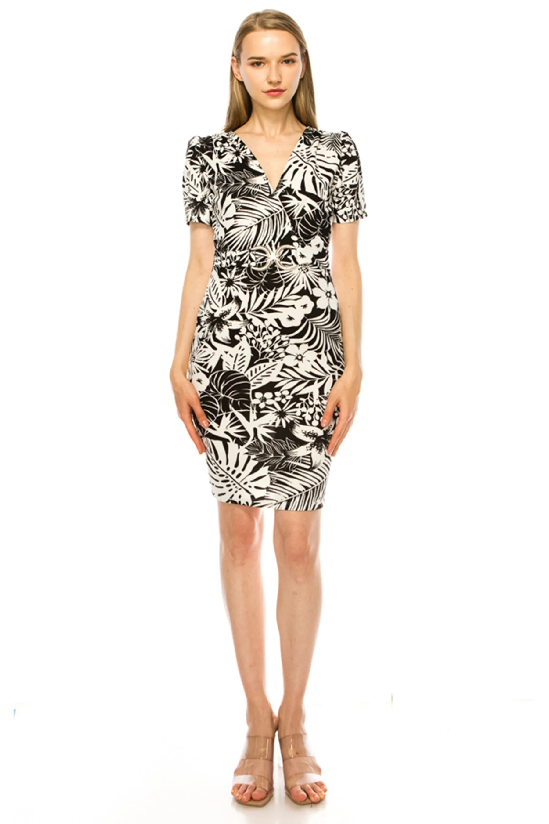 Women's V-neck Sheath Dress with Buckle Accent and Puff Sleeves - Elegant Office to Even