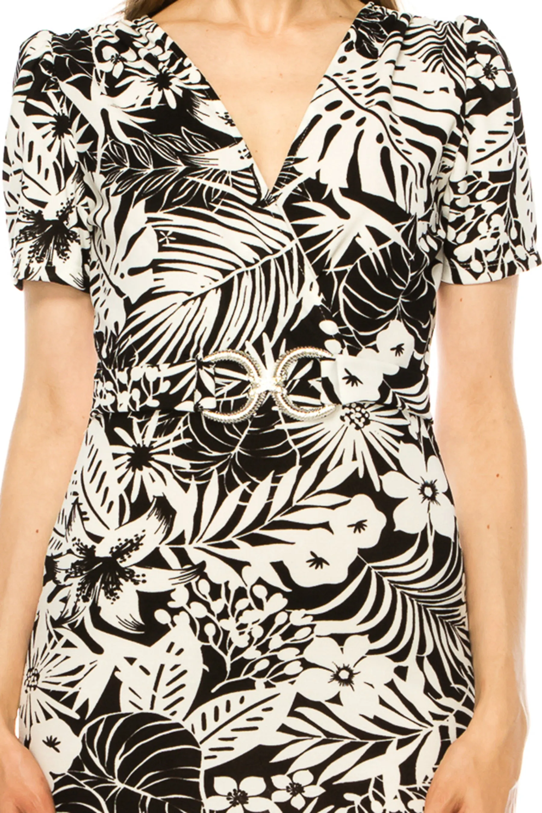 Women's V-neck Sheath Dress with Buckle Accent and Puff Sleeves - Elegant Office to Even