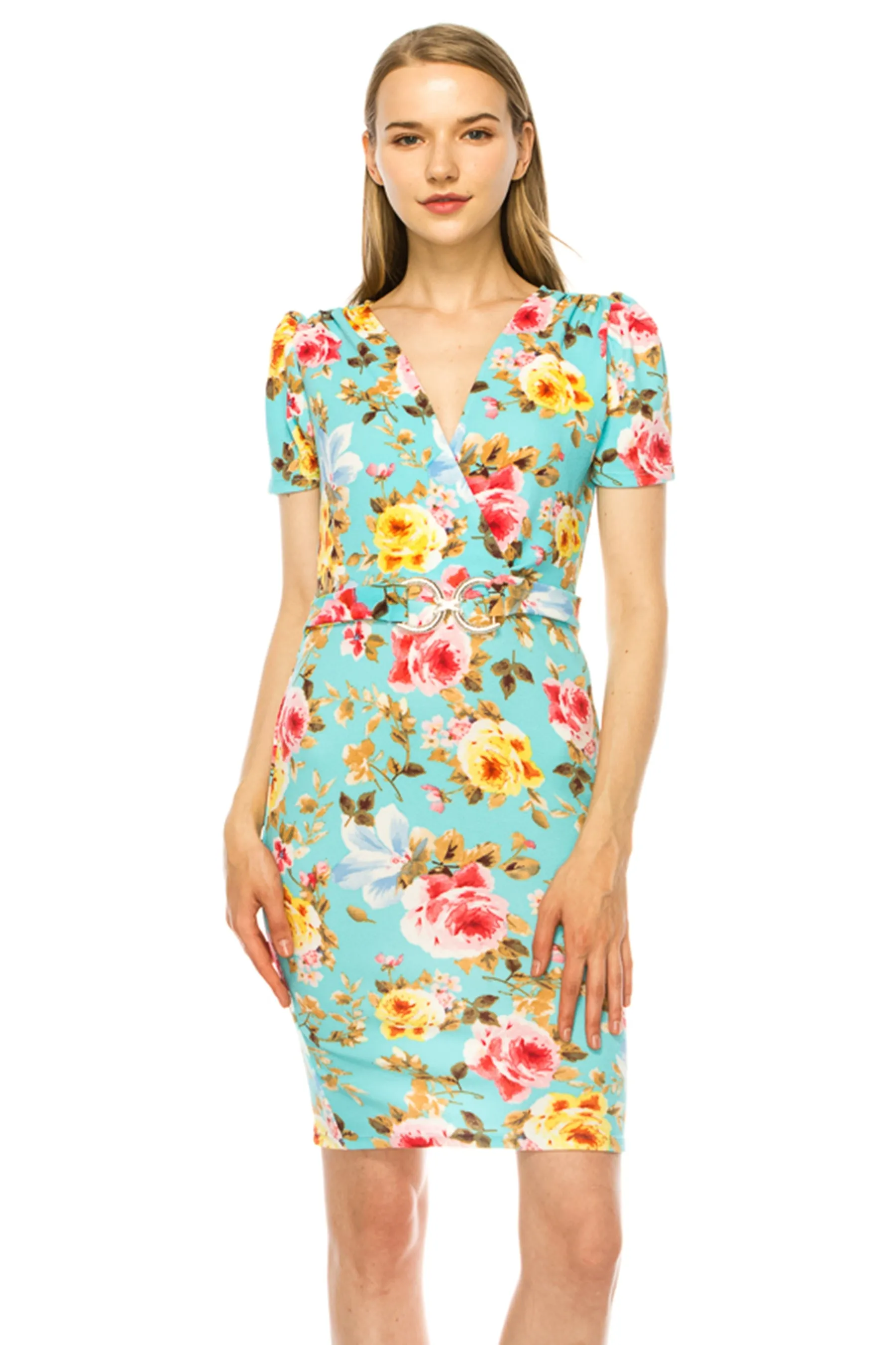 Women's V-neck Sheath Dress with Buckle Accent and Puff Sleeves - Elegant Office to Even