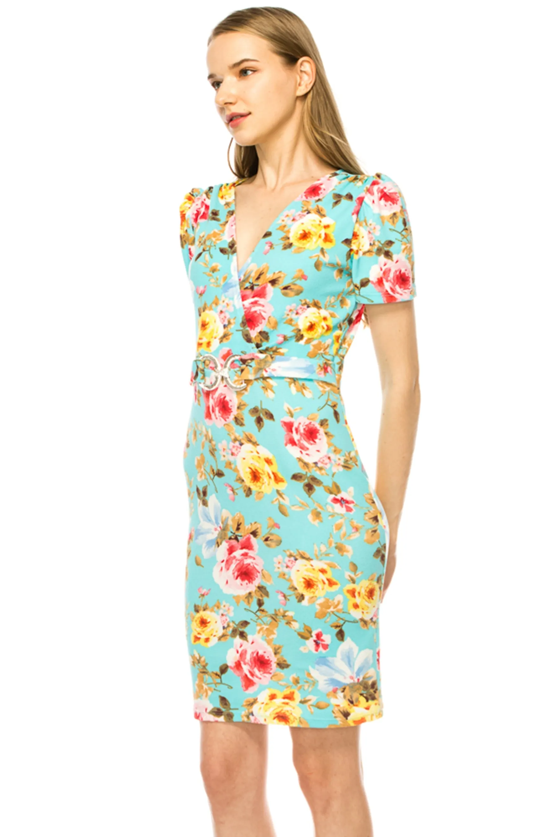 Women's V-neck Sheath Dress with Buckle Accent and Puff Sleeves - Elegant Office to Even