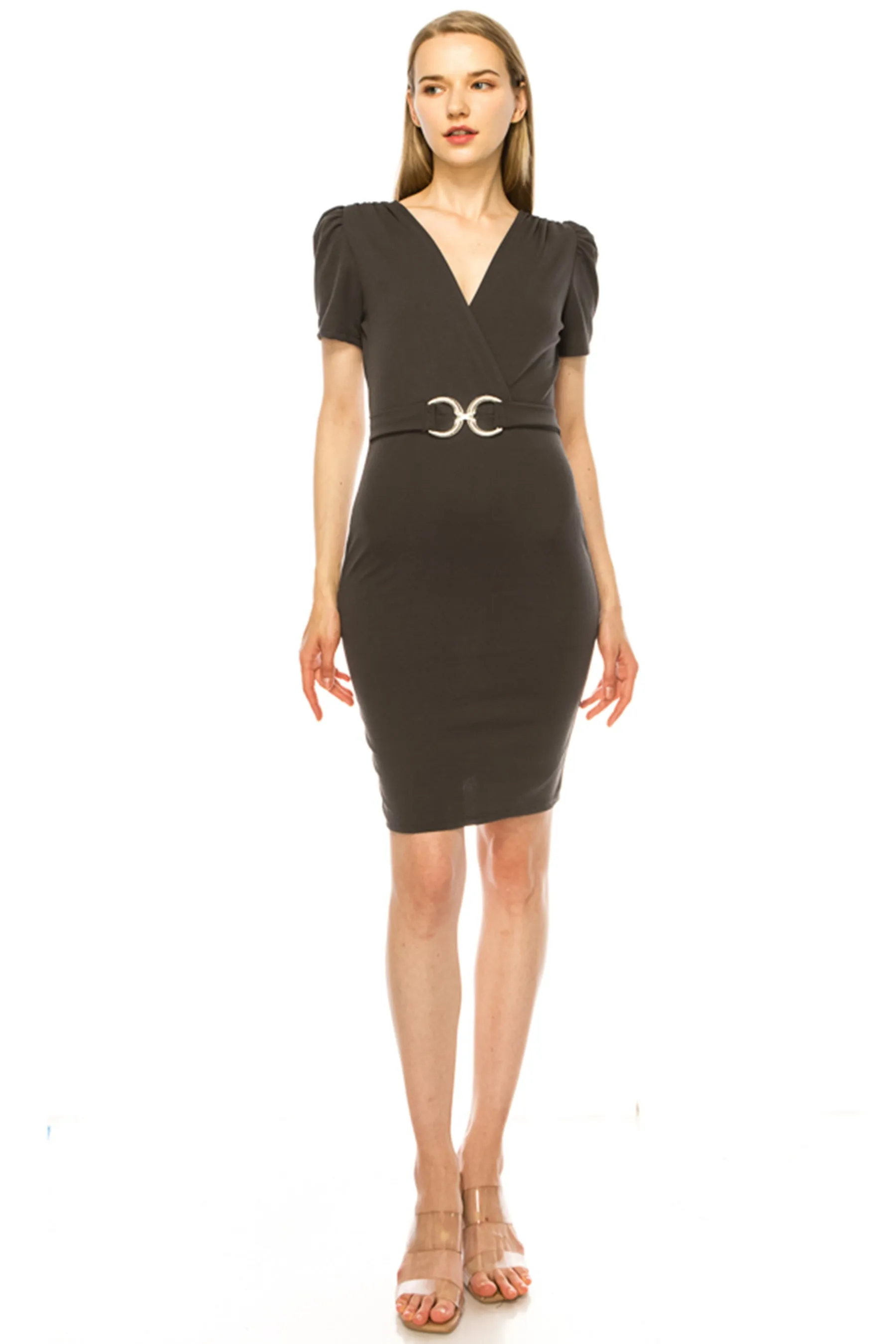Women's V-neck Sheath Dress with Buckle Accent and Puff Sleeves - Elegant Office to Even