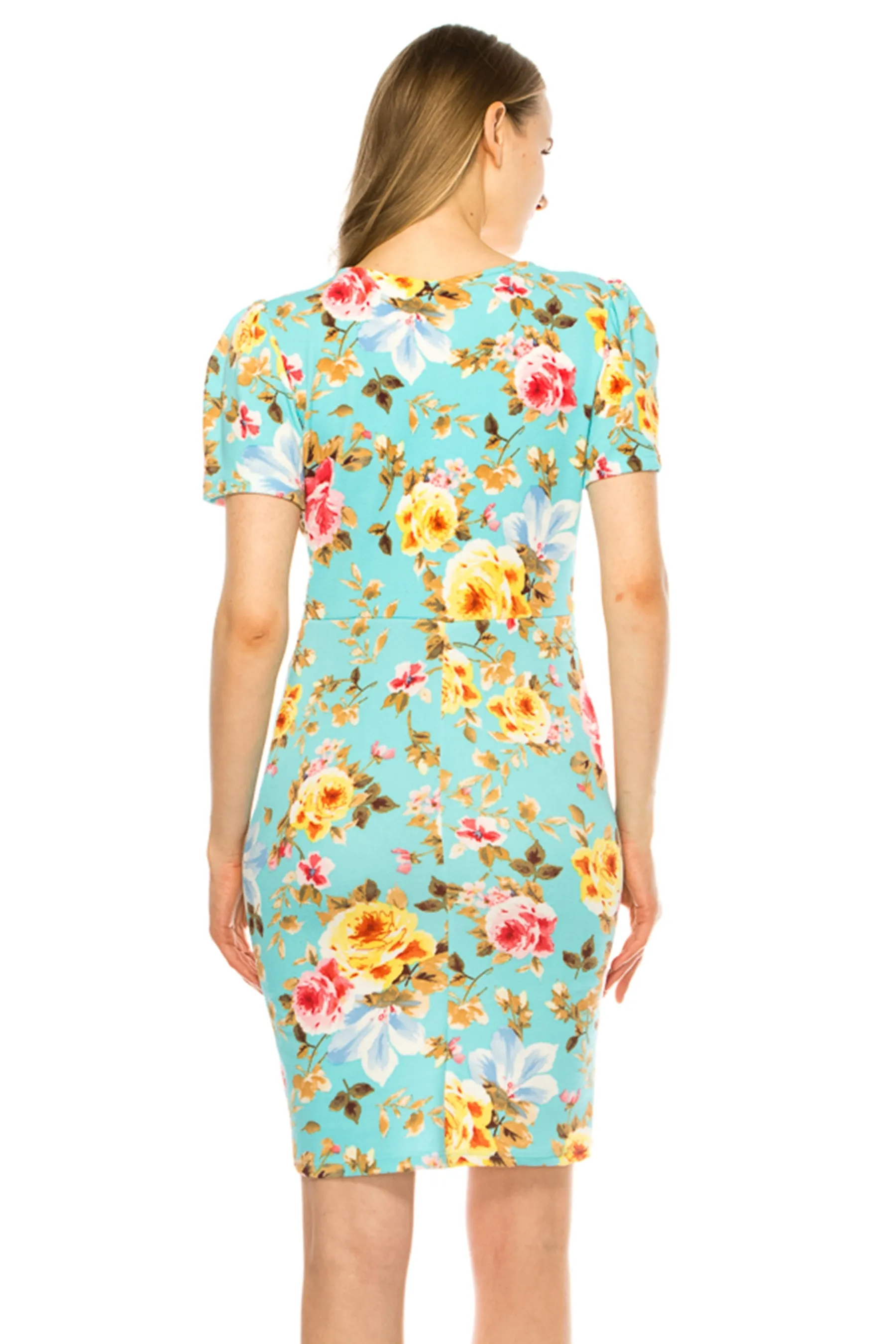 Women's V-neck Sheath Dress with Buckle Accent and Puff Sleeves - Elegant Office to Even