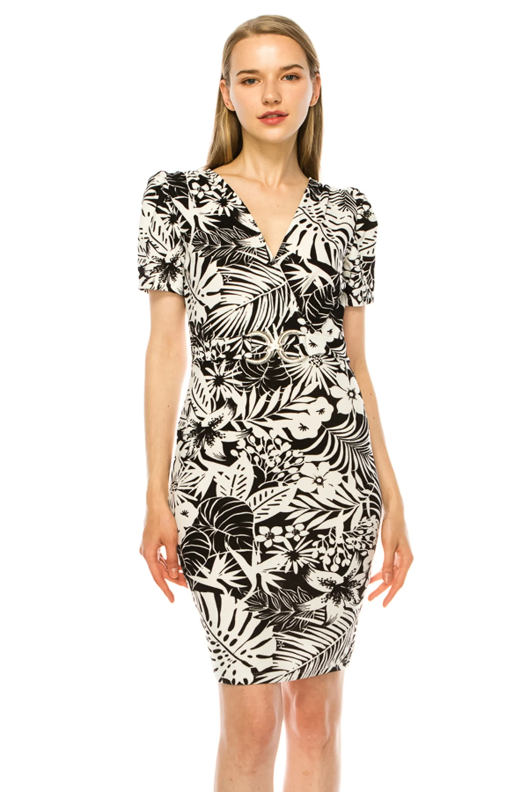 Women's V-neck Sheath Dress with Buckle Accent and Puff Sleeves - Elegant Office to Even