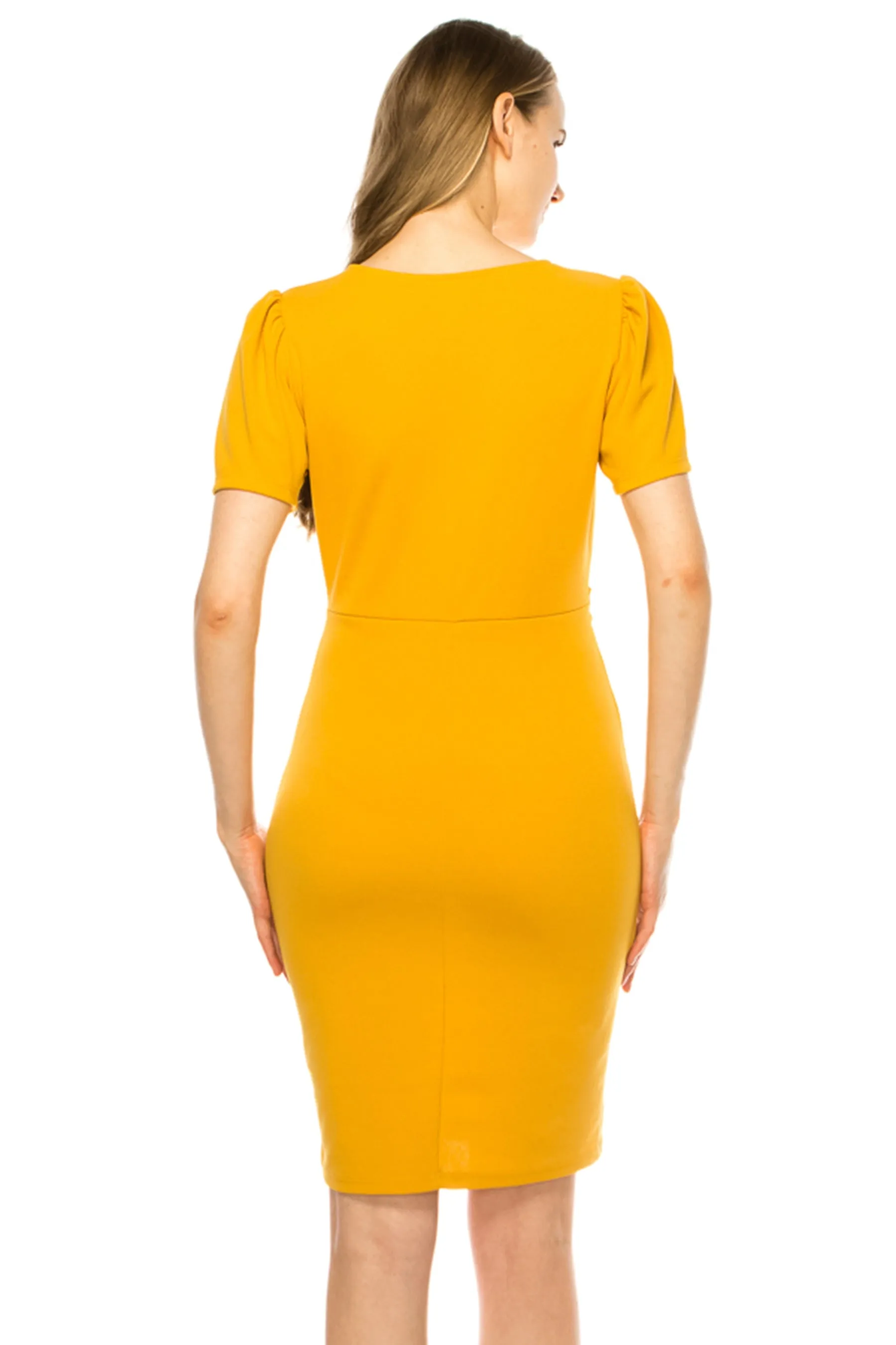 Women's V-neck Sheath Dress with Buckle Accent and Puff Sleeves - Elegant Office to Even