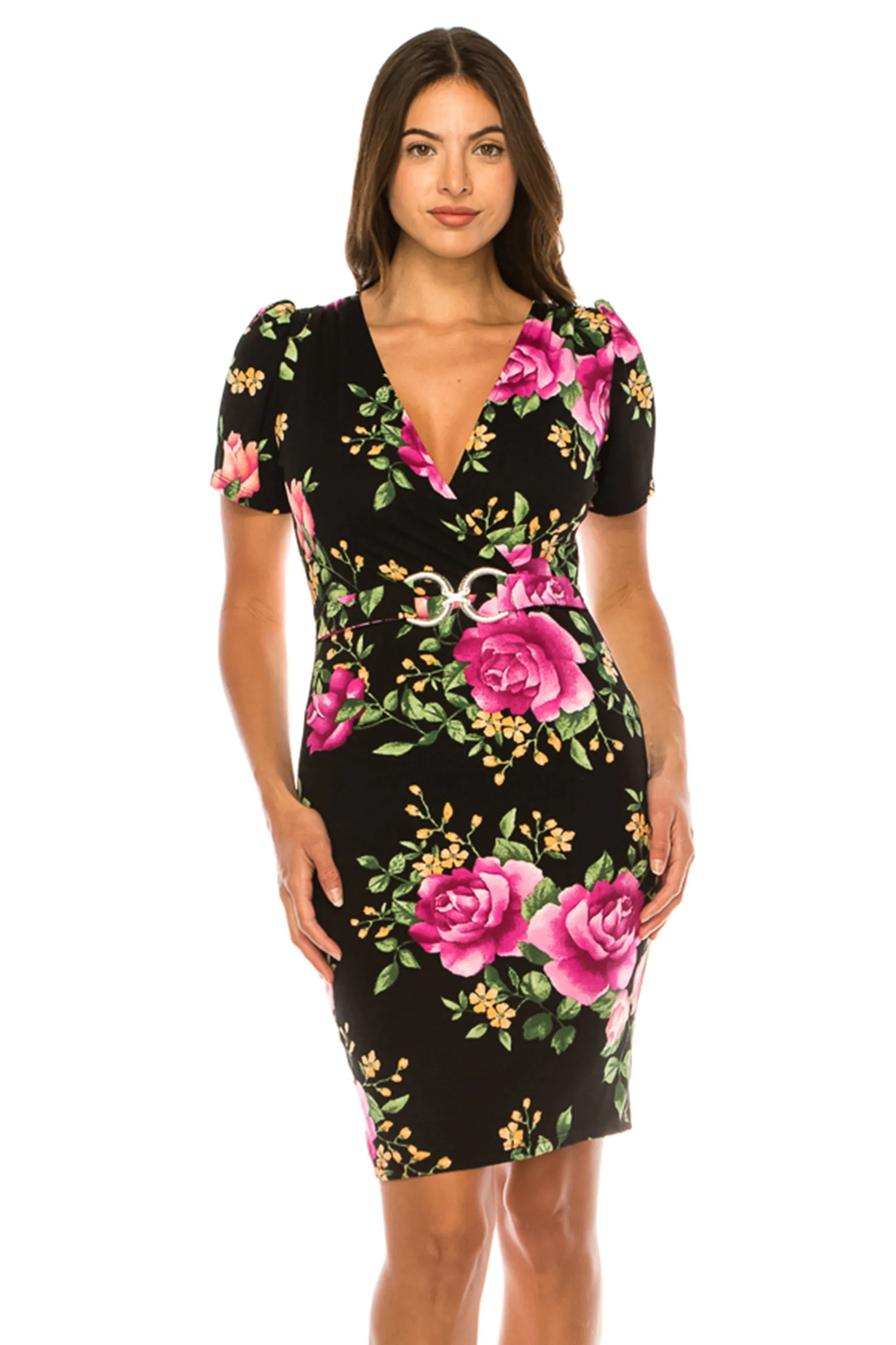 Women's V-neck Sheath Dress with Buckle Accent and Puff Sleeves - Elegant Office to Even